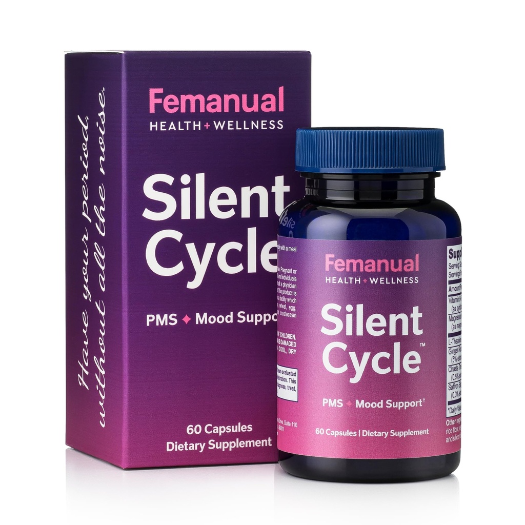 SilentCycle | PMS + Mood Support Supplement with Chasteberry (Vitex), Saffron, Magnesium, L-Theanine, Vitamin B6, and Ginger - 60 Vegan Capsules