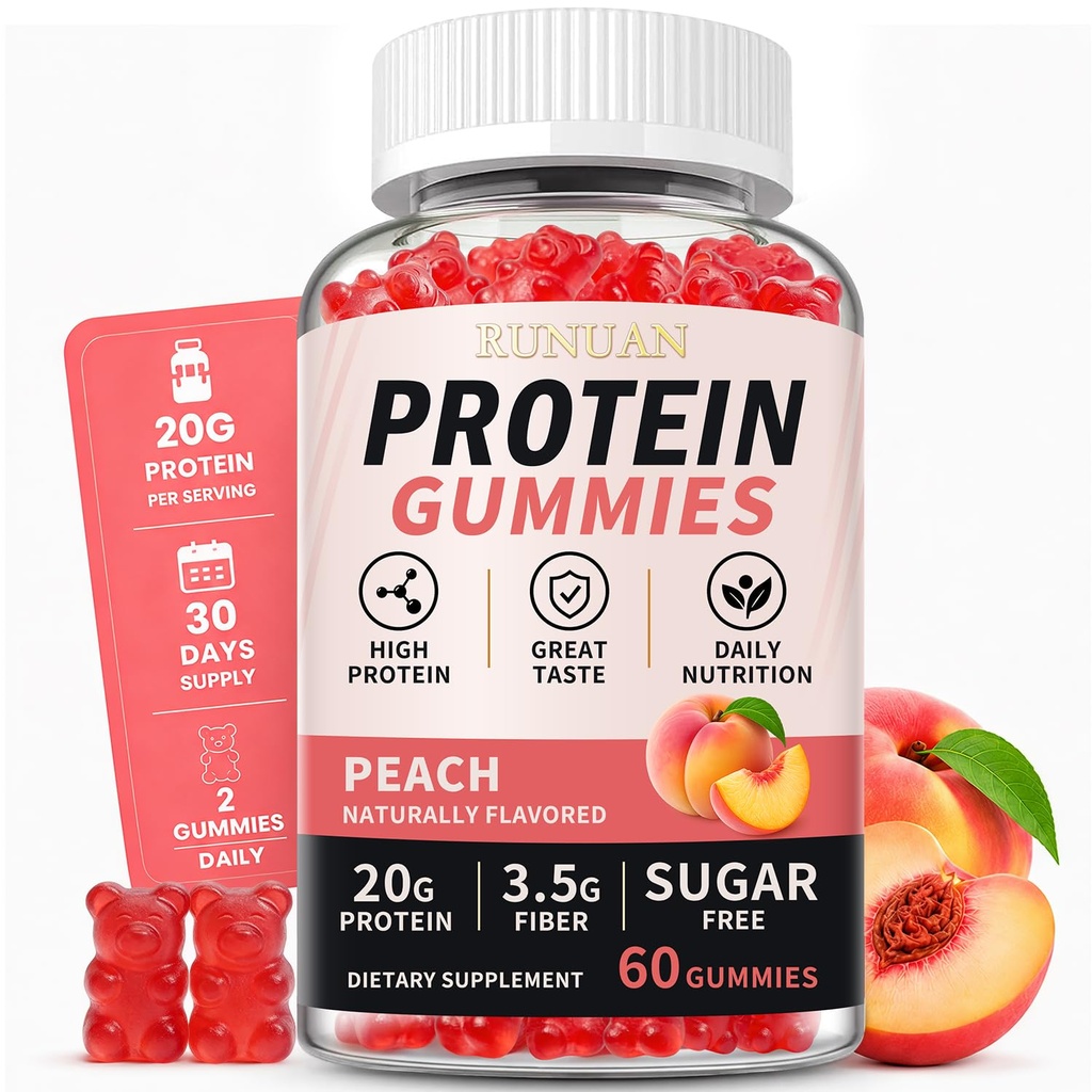 Whey Protein Gummies for Women Men, 20g Protein Supplement with Magnesium & Potassium for Muscle & Energy Support, Bone Health, Pure Protein, Vegan, Zero Sugar, Peach Flavor, 60 Count