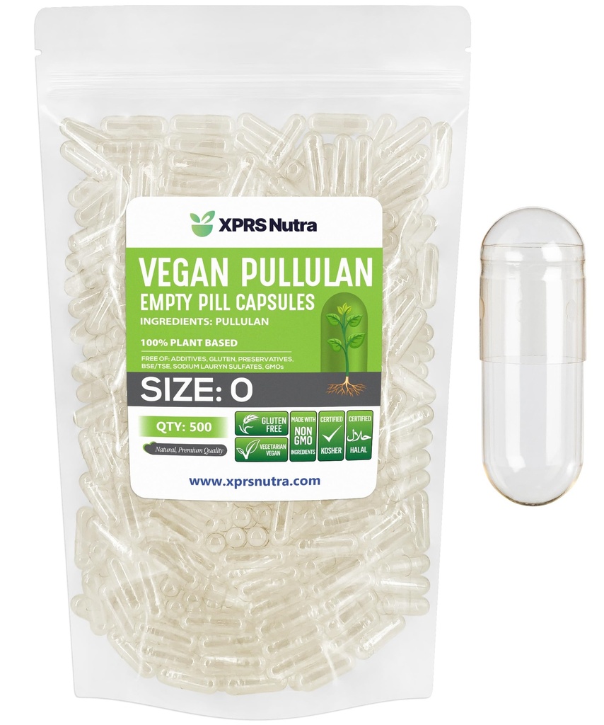 XPRS Nutra Size 0 Pullulan Empty Capsules - 500 Count Clean Label Plant Clear Empty Vegan Capsules - Premium Vegetarian Pills - Do-It-Yourself Vegetable Caps Filling