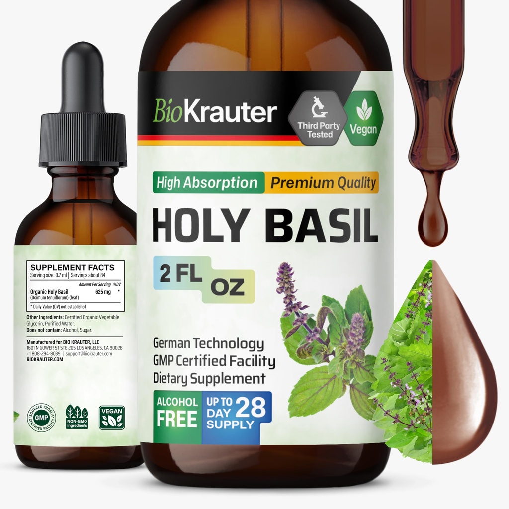 BIO KRAUTER 圣巴西丁香 - 图尔西粉末液提取 - 支持冷静和放松 - Ursolic酸补充 - 无酒精和糖 - Vegan Drops 2 Fl.
