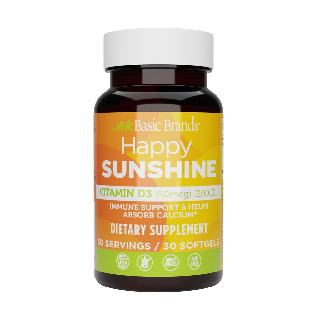 Basic Brands Happy Sunshine Vitamin D3, 2000IU, Daily Vitamin D Supplements - 30 Count