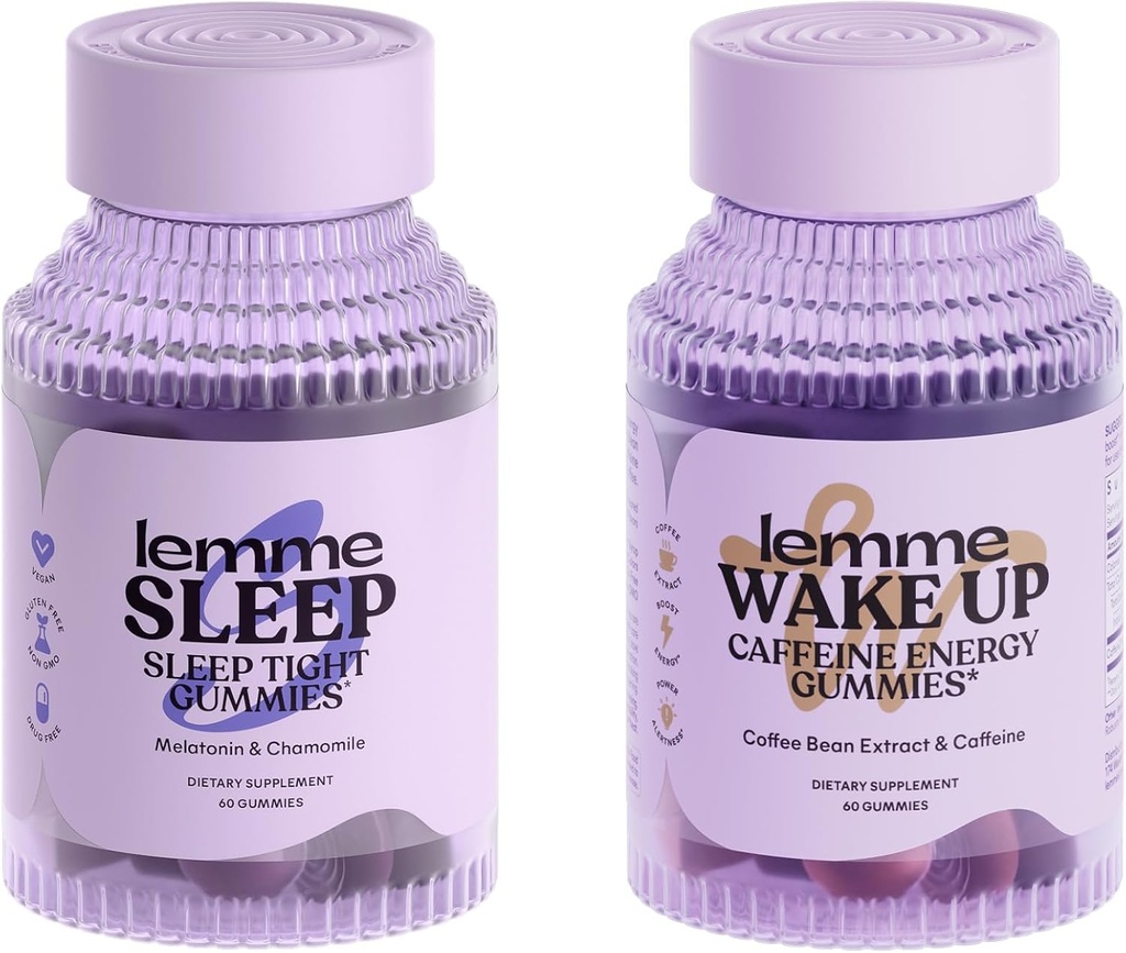 Lemme Sleep and Wake Up Bundle - 睡眠Gummys for Better night's rest and Wake Up Cafeine Gummys for Energy - Gluten - Free, Non-GMO, 60 counters everyone - 睡眠Gummys for Better night's restance and Wake Up Cafeine Gummys for Energy - 无糖无糖,非GMO,每个60个伯爵
