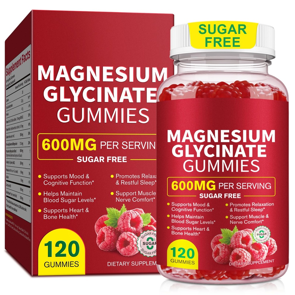 120 Count Magnesium Glycinate Gummies 600mg for Women & Men Sugar Free with Calcium, Potassium, Vitamin D3, B6 & CoQ10, Support Relaxation & Energy Raspberry Magnesium Supplement 600mg High Absorption