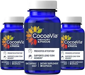 CocoaVia Memory & Focus Brain Supplement, 90 Day, Cocoa Flavanol Blend, Lutein, 添加咖啡因换靴. 改善认知功能, 注意, Vegan & Plant Based, 90 Capsules