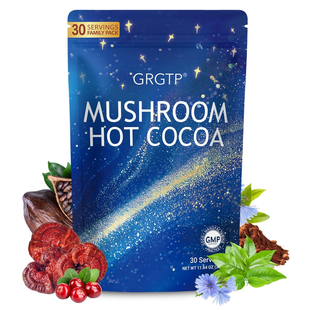 Mushroom Hot Cocoa - Reishi & L-Theanine Adaptogenic Hot Chocolate Mix with Melatonin & Glycine for Sleep Support, Stress Relief, and Relaxation, 30 Servings (1 Pack)
