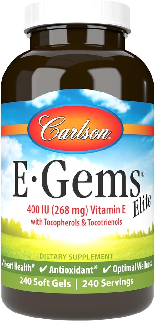 Carlson - E-Gems Elite,400 IU 维生素E 配有Tocopherols & Tocotrienols,维生素E Capsules,心脏健康与最佳健康,抗氧化剂,维生素E补充物,240软胶