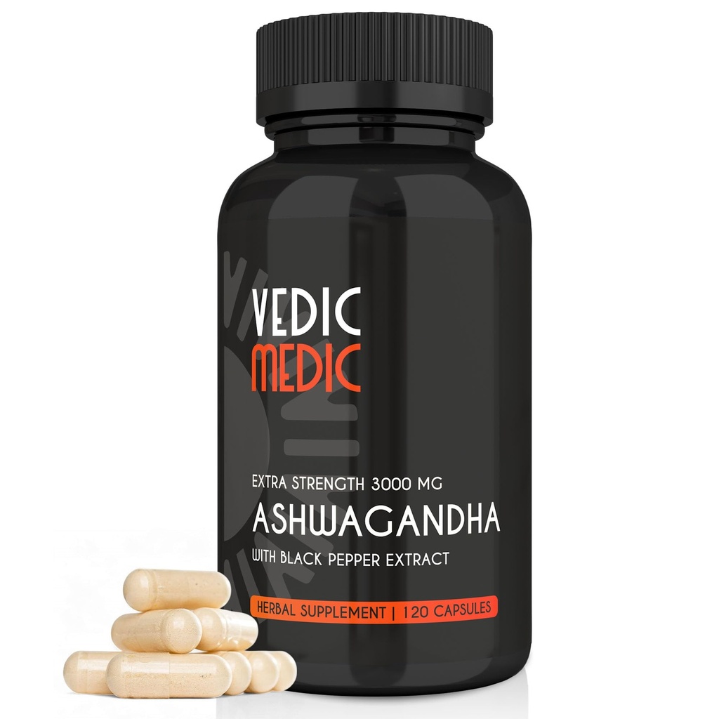 Ashwagandha Capsules Extra strong 3,000mg with Black Pepper screw - 压力缓解、增强膜、能源支持 - 非GMO、Vegan、Gluten Free(120)
