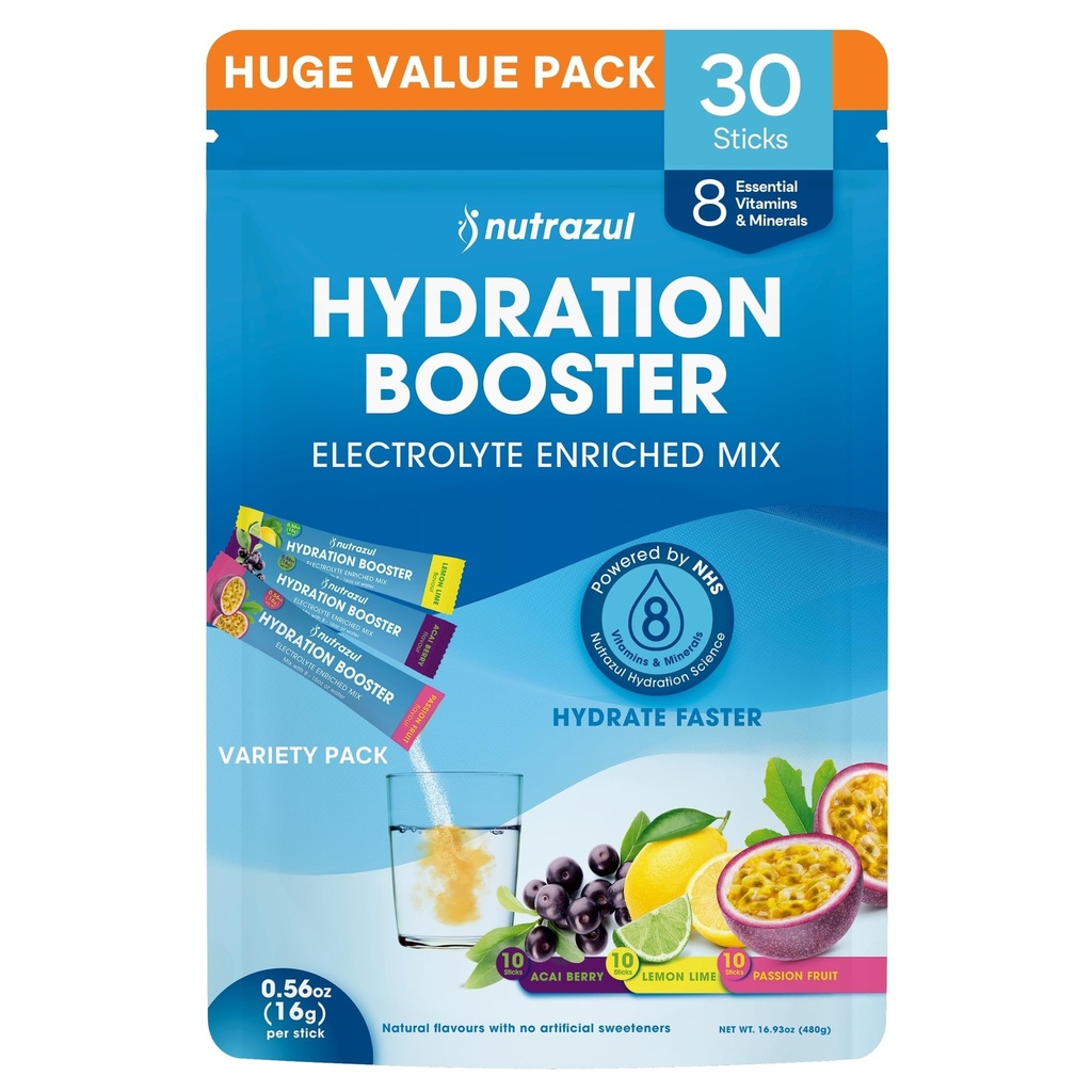 nutrazul Hydration Booster, Electrolytes Powder Sticks with Sodium, Potassium, Vitamin B6 & B12, No Artificial Sweeteners, Acai Berry, Lemon Lime & Passion Fruit Flavor, 30 Sticks, (Pack of 3 x 10)