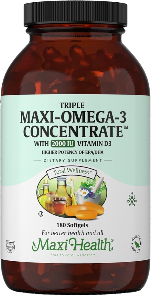 Omega 3 Supplement - Omega-3 Fish Oil Triple Concentrate with Vitamin D3 - Potent Source of EPA/DHA Fatty Acids - Heart, Brain, Joint Health - Kosher Certified Wild Caught Marine Fish - 180 Softgels