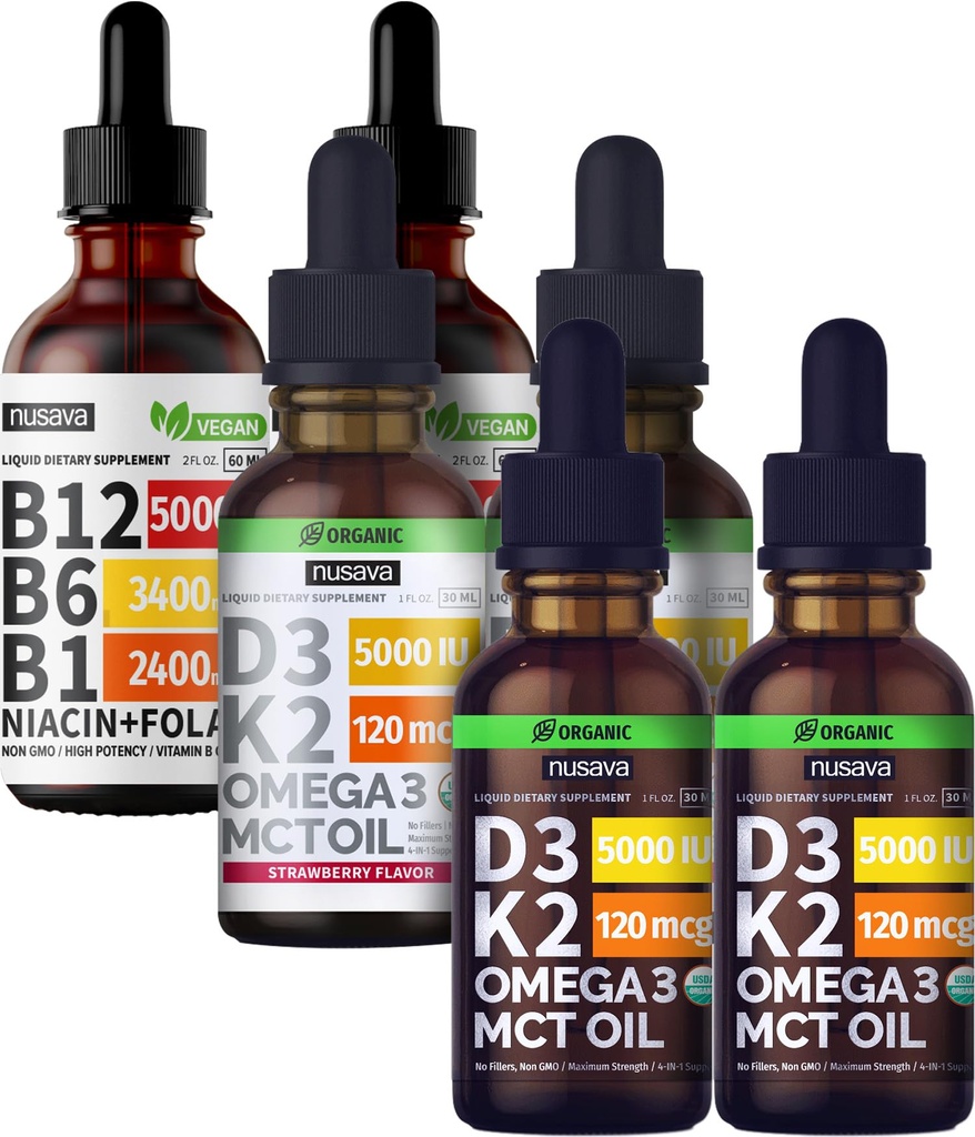 NUSAVA Unflavored D3 K2, Strawberry Flavored D3 K2 & Vitamin B12 Liquid Drops Bundle — Daily Wellness Liquid Vitamins for Energy & Immune Support — Non-GMO, Gluten-Free, 2pk Each