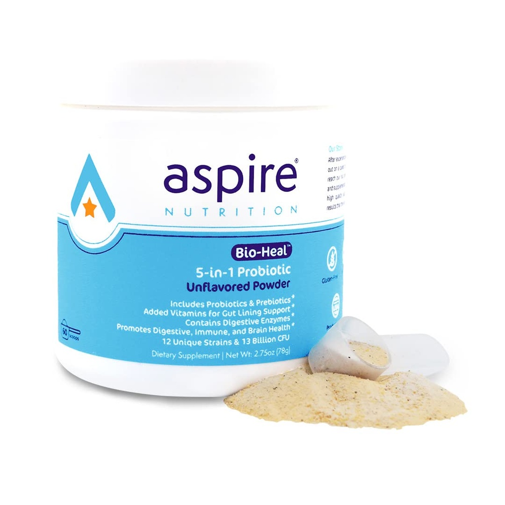 Aspire Nutrition 5-in-1 Bio-Heal® Probiotic for Kids, Men & Women - Best Supplement for Brain Function, Gut Health & Constipation - Shelf Stable & Fortified with Vitamin, Mineral & Prebiotics - Powder