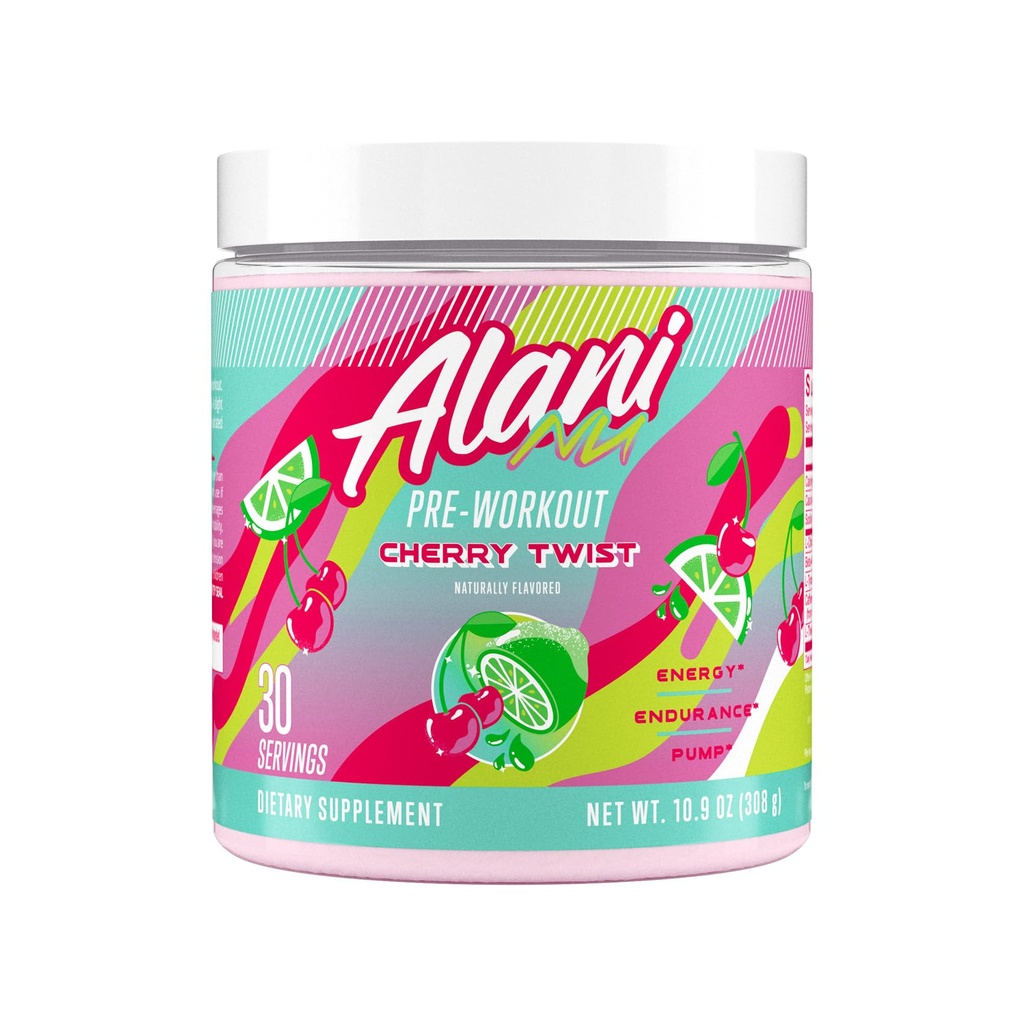 Alani Nu Pre Workout 粉末樱桃Twist, 氨基能量促进剂,耐力补充剂,无糖,200mg咖啡因,L-Theanine,Beta-Alanine,L-Citrulline,30种服务