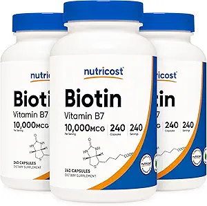 营养物生物素(维生素B7) 10,000mcg,240 caps(3瓶) - 非GMO, Gluten Free