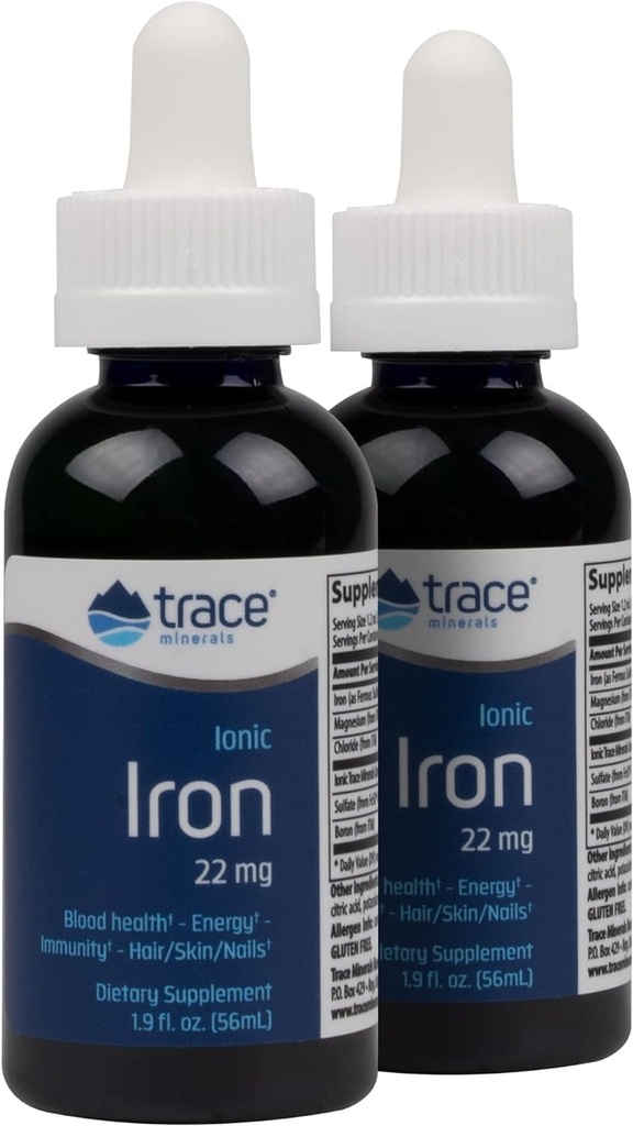 Trace Minerals Ionic Iron, 22mg - 配有镁和铁的能源支持补充剂 - Aid Brain Health & Immune System 函数 - Gluten - Free Liquid 补充剂 - 1.9 fl oz (2 Pack) (92 services)