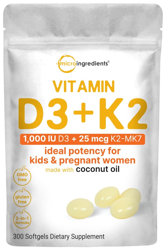 微成份 维生素 D3 1000 IU + K2 MK-7 25 mcg,300 Softgels → vigin Coconut Oil → 2-in-1 Bone, Immune & Heart Supports → 容易到燕子,非GMO