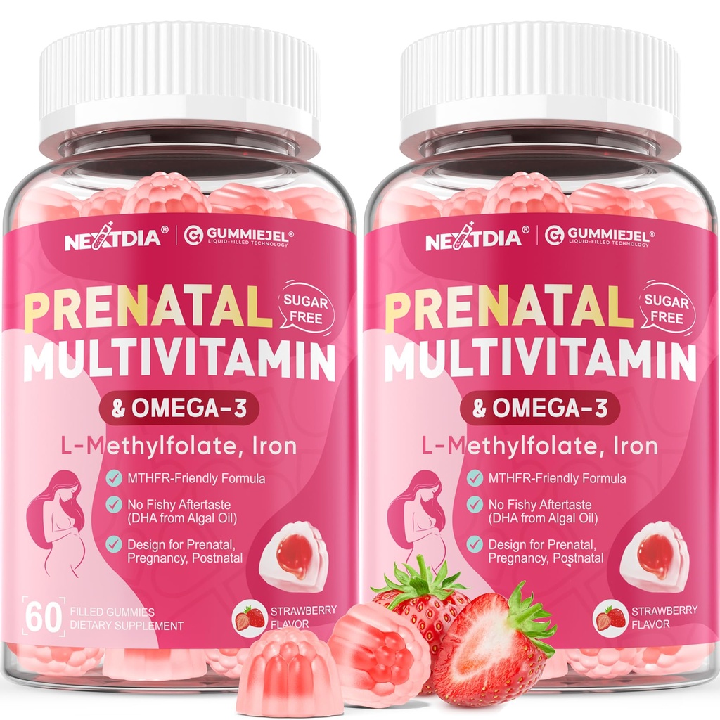 2 Pack Prenatal Vitamins for Women Gummies, Methylfolate 1mg, Vegan Omega 3 DHA 800 mg, Iron, Choline, Iodine, Vitamin D3 B6 B12 - Multivitamin for Women Before, During & After Pregnancy, Sugar Free