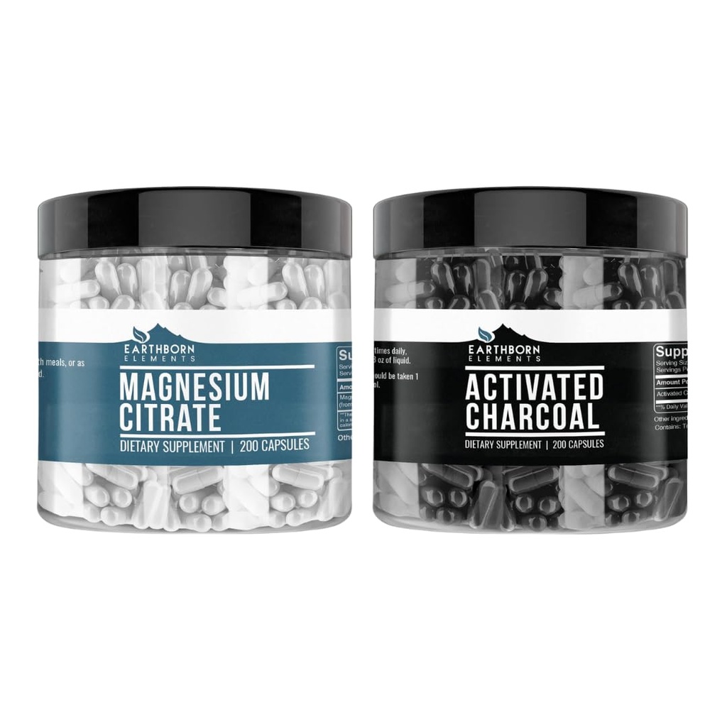 Earthborn Elements Activated Charcoal & Magnesium Citrate Capsule Bundle (200 caps), Pure & Undiluted, No Additives