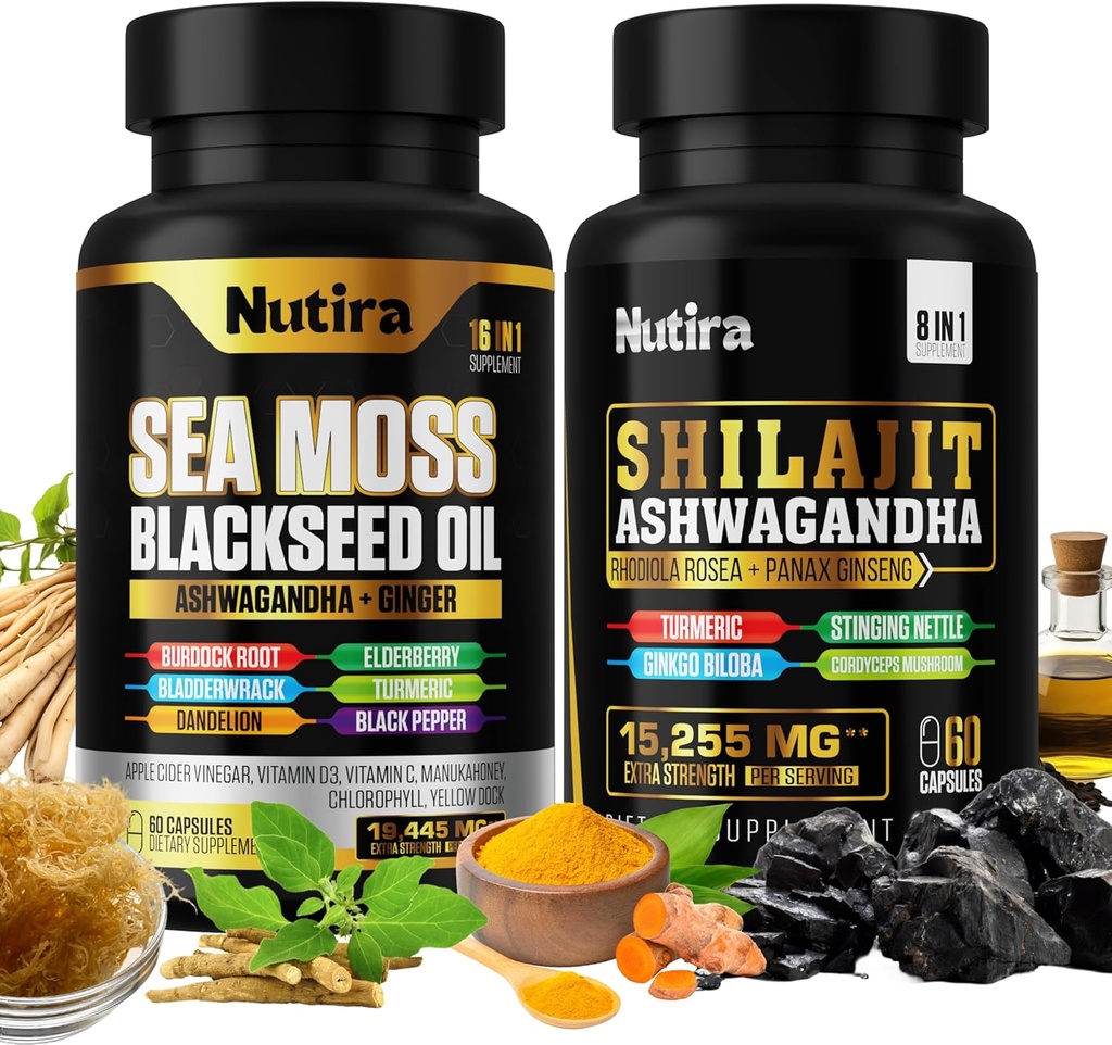 Sea Moss & Shilajit Multivitamin Bundle - Sea Moss 7000mg, Shilajit 9000mg, 黑种子油 40000mg, Ashwagandha 2000mg, Ginger & Rhodiola Rosea 1000mg, 全部为 1 个补编 (60个数)(1个包)