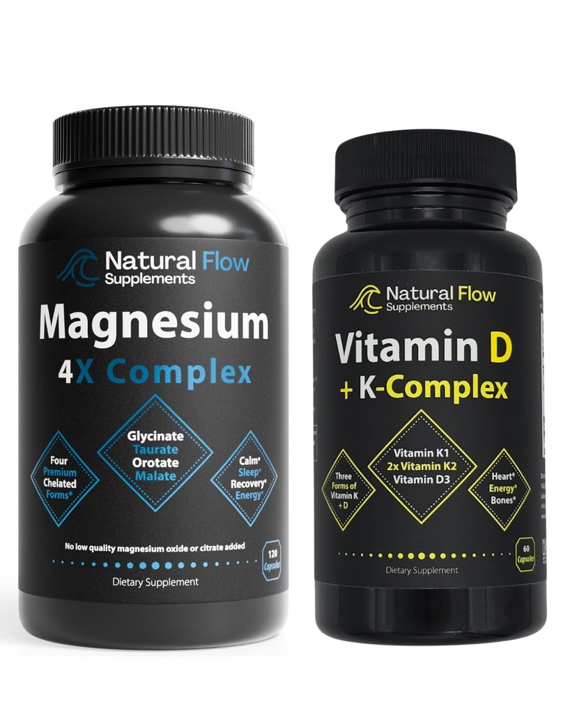 Natural Flow Magnesium 4X Complex & Vitamin D + K-Complex Bundle – Supports Bone, Heart, Calm Sleep, & Energy(120 + 60 Capsules)