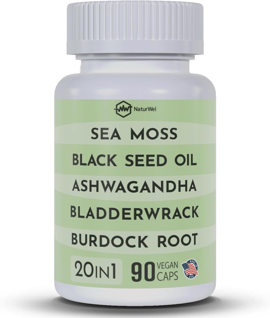 黑种子油 3000mg 海 Moss 3000mg Ashwagandha 1000mg Turmeric 1000mg Burdock 1000mg Bladderwrack 1000mg & 长老莓 Manuka 氯柱 Dandelion 黄码头 - (90 Capsules Pack of 1)