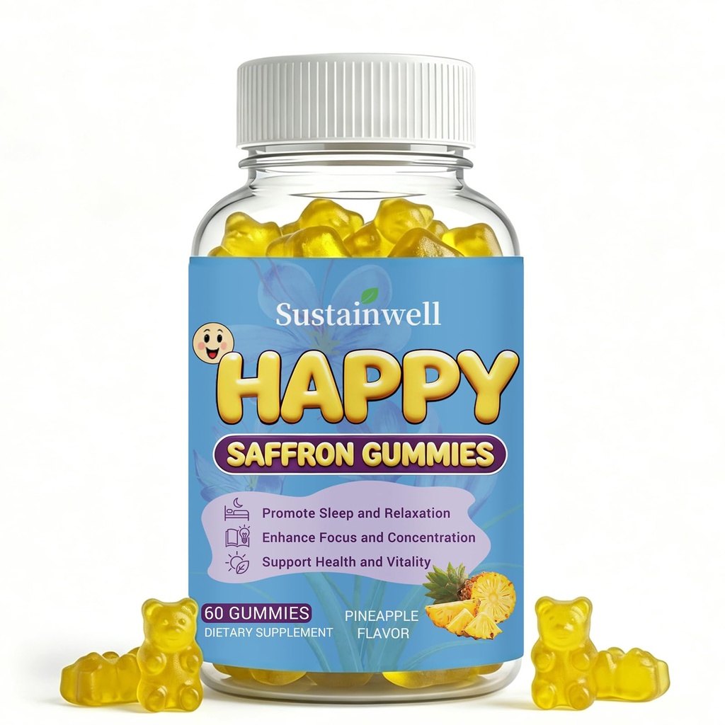 Happy Saffron Gummies for Kids & Adults Organic Saffron Extract with Magnesium Glycinate Vitamin D3 L-Theanine, Calm Mood, Sleep Support, Focus & Vitality Sugar Free, Vegan Pineapple Flavor, 60 Counts