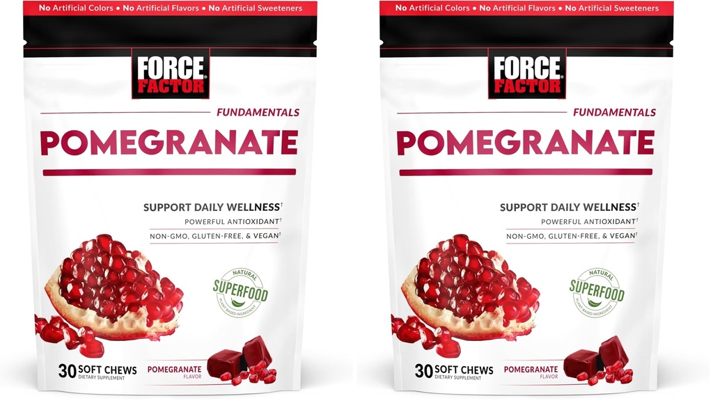 Force Factor Pomegranate Soft Chews for Healthy Aging, Heart,Bone &Brain Health,Superfood & Antioxidants Supplement,Non-GMO,Gluten-Free,Vegan, Pomegranate Flavor,30 Soft Chews(Pack of 2)