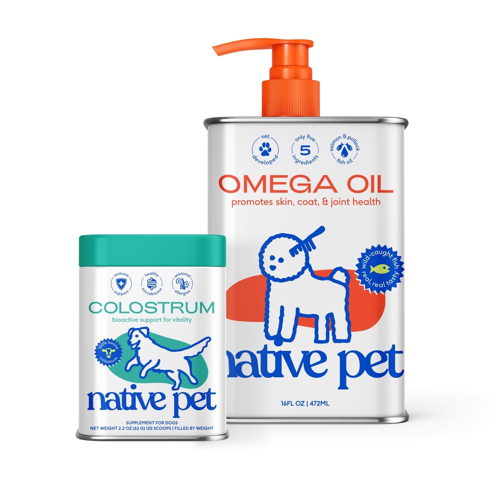 Native Pet Pup Power-Up Bundle: Colostrum for Dogs (120 Scoops) & Omega Oil for Dogs (16 Oz) - Bovine Colostrum Powder & Fast-Absorbing Omega 3 6 9 Supplement
