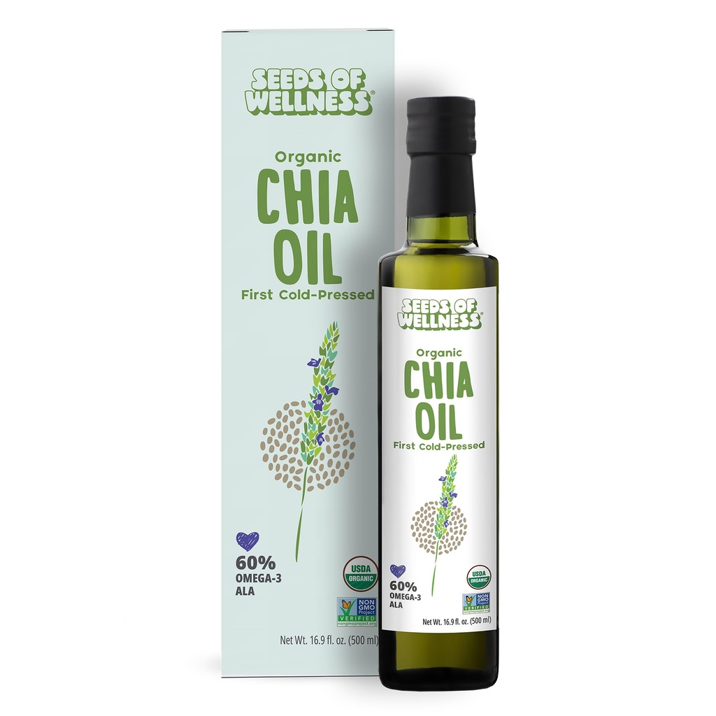 Seeds of Wellness - Organic Chia Seed Oil, Essential Bio Nutrients, Fatty Acids Omega-3 ALA Plant-Based, Cold-Pressed, Unrefined, Non GMO, 16.9 Fl Oz (500 ml) Glass Bottle, Pack of 1, Chile