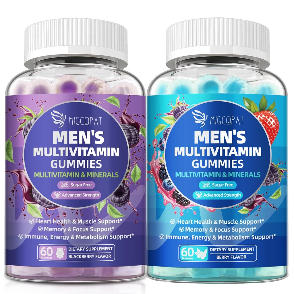 Migcopat Multivitamin for Men Gummies Bundle (2 Pack), Sugar-Free, Omega-3, Probiotics, Vitamins A–E & B, Berry & BlackBerry Flavor