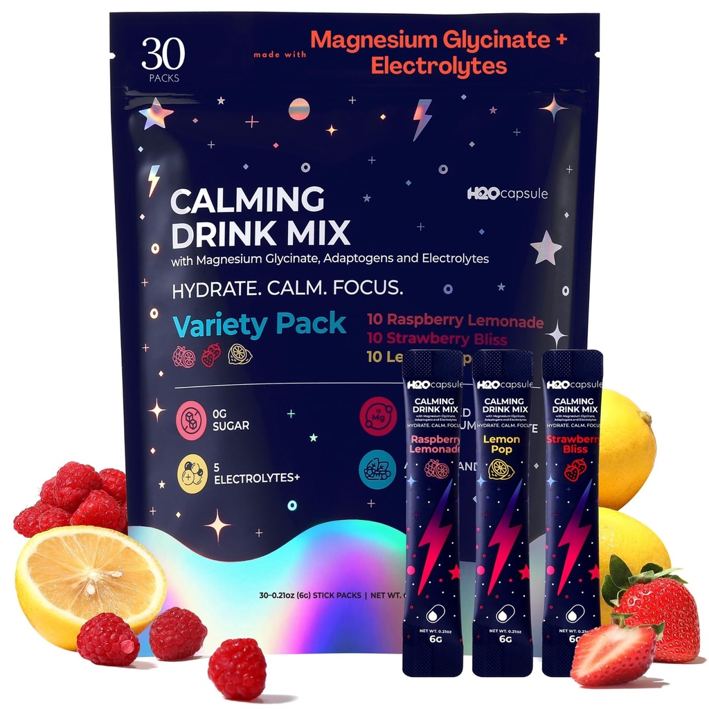 Calm Magnesium Glycinate Powdered Drink Mix with Electrolytes – Sugar Free with Ashwagandha, L-Theanine, Vitamin B6 & GABA – Cortisol Support, Stress Relief, Hydration & Focus - 30 servings (Variety)