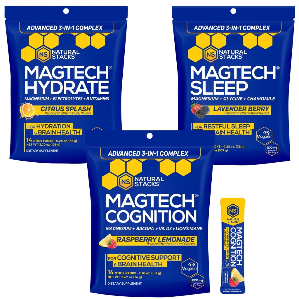 MagTech Magnesium Powder Bundle - Magtein Magnesium L-Threonate, Glycinate & Taurate - Supports Sleep, Cognition, Hydration & Brain Health* - 42 Servings