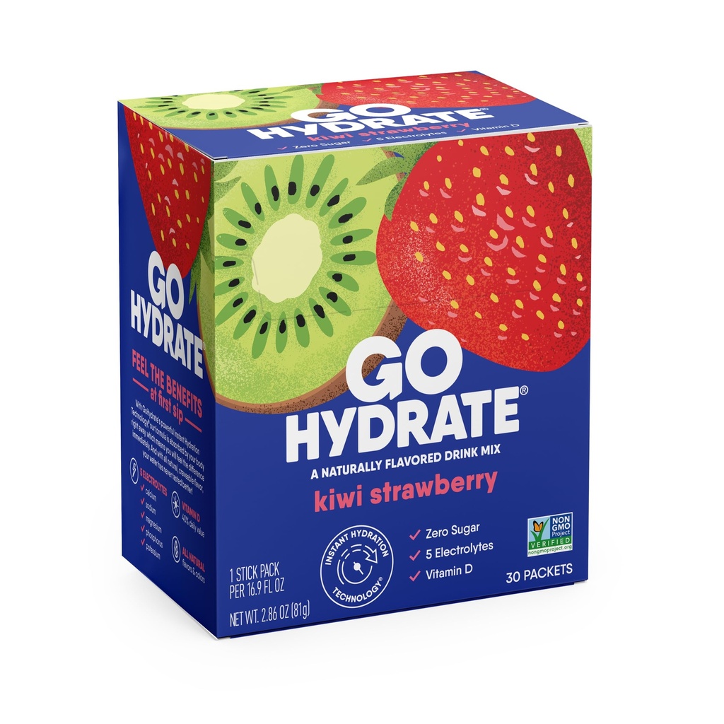 GoHydrate 即时水分粉包 - 低钠电解质 饮料混合 - 自然水分支持,无糖电解质 火药饮料 维生素D,30 Packs, Kiwi草莓