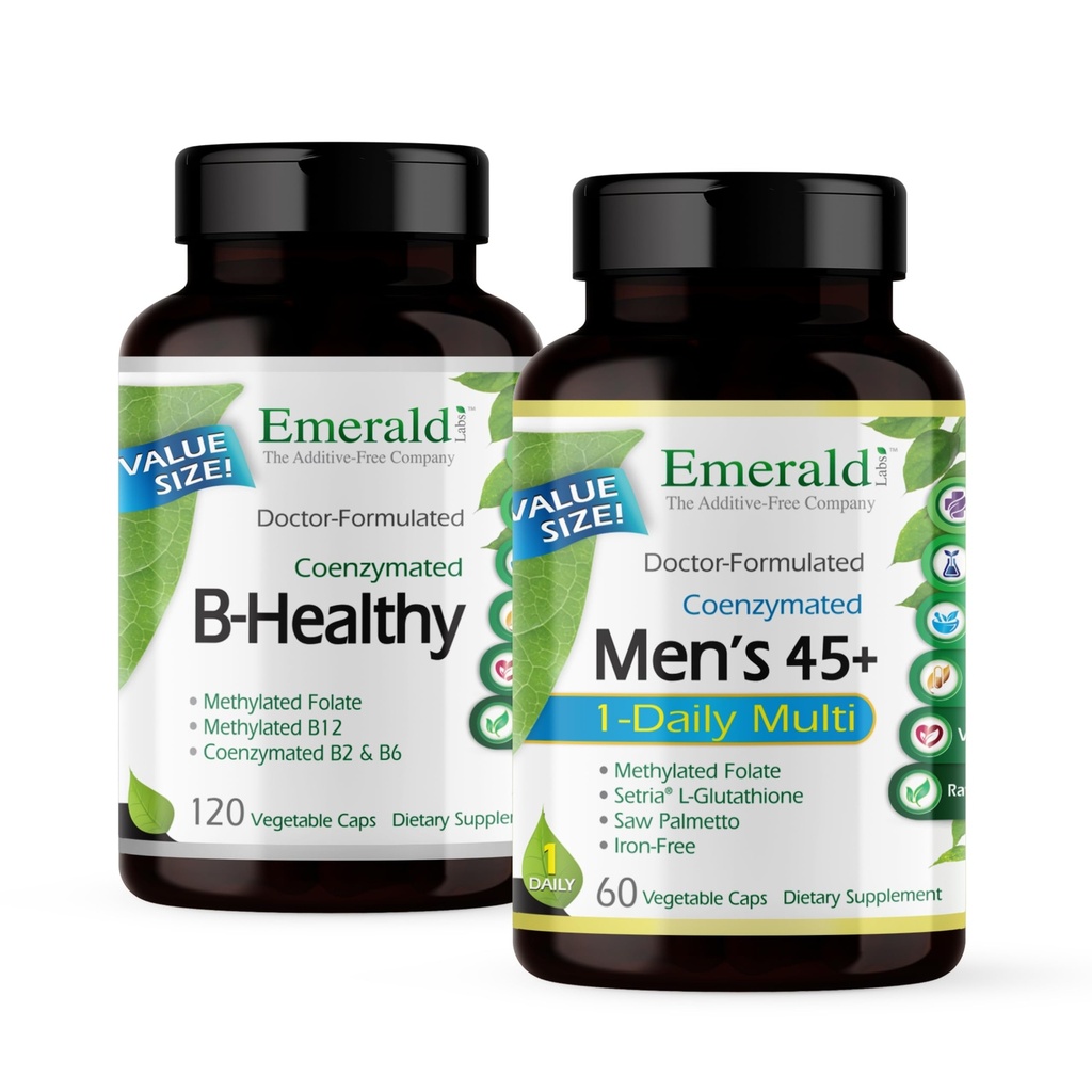 EMERALD LABS 装有 B 健康(120 Veg Caps) & Men's 45+1-Daily Multi(60 Veg Caps) - Vegen Vitamin B 复合体 配有全谱 B 维生素 - Men's Multivitamin with CoQ10, Lycopene & More