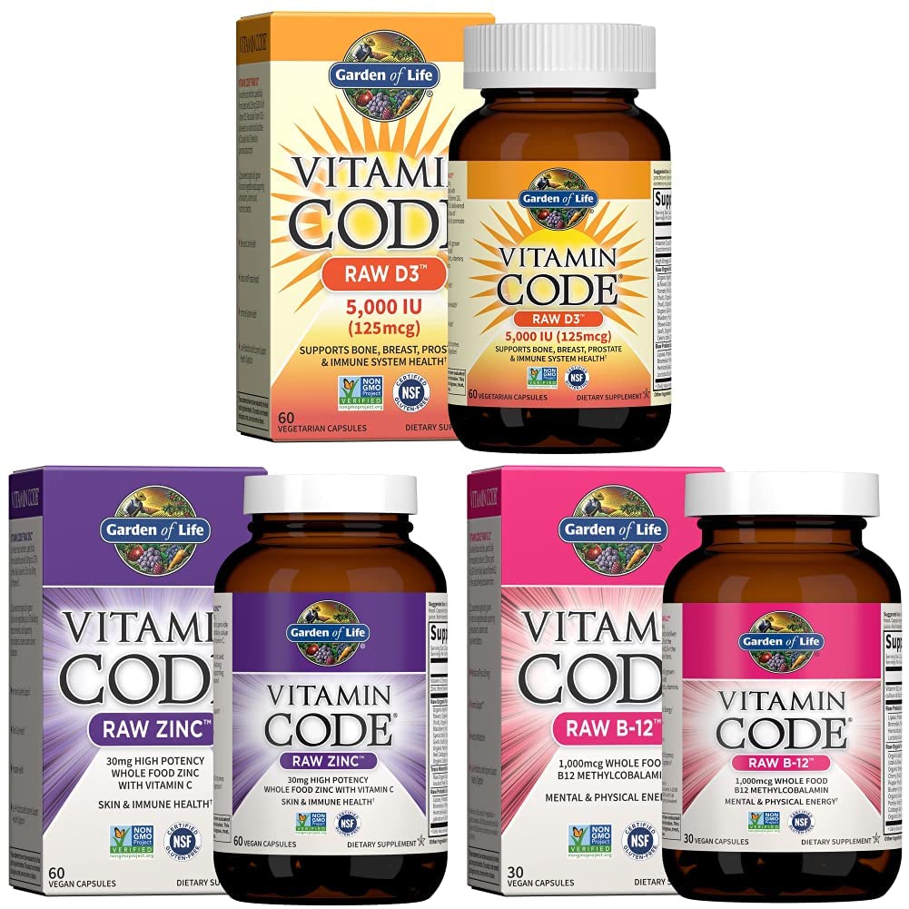 Garden of Life Vitamin D, Vitamin Code Raw B12, Zinc & Vitamin C - Whole Food Supplements for Immune Support