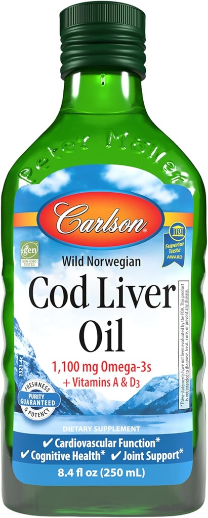 Carlson - Cod Liver Oil 1100 mg Omega-3s Plus 维生素 A & D3 - 野生捕捉 EPA DHA Omega 3 补编 - 挪威北极地区,可持续来源的北欧鱼油液,不味,250 mL(8.4 Fl Oz)