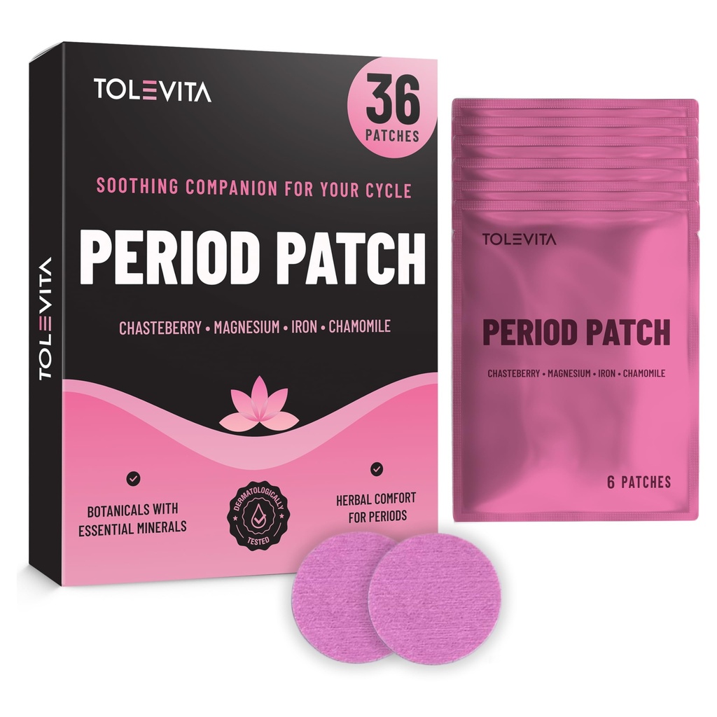 TOLEVITA Period Relief Patches 36 Pcs – Herbal Cramp Support with Chasteberry, Magnesium, Evening Primrose, Dong Quai, Curcumin, Vitamins B6 & E, Iron, Chamomile – Hormonal Balance & Menstrual Comfort