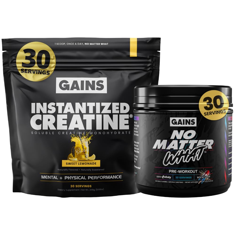 Gains in Bulk Instantized Creatine Sweet Lemonade & No Matter What Pre Workout Powder Bundle, Soluble Creatine Powder, Paraxanthine, Amino Acids & L Theanine, 130 Servings