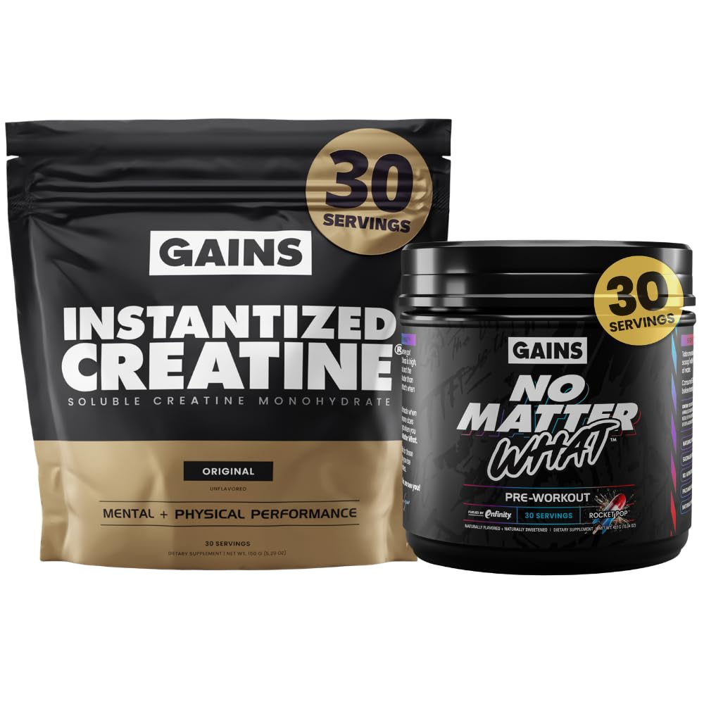 Gains in Bulk Instantized Creatine & No Matter What Pre Workout Powder Bundle, Soluble Creatine Powder, Paraxanthine, Amino Acids & L Theanine, 60 Servings