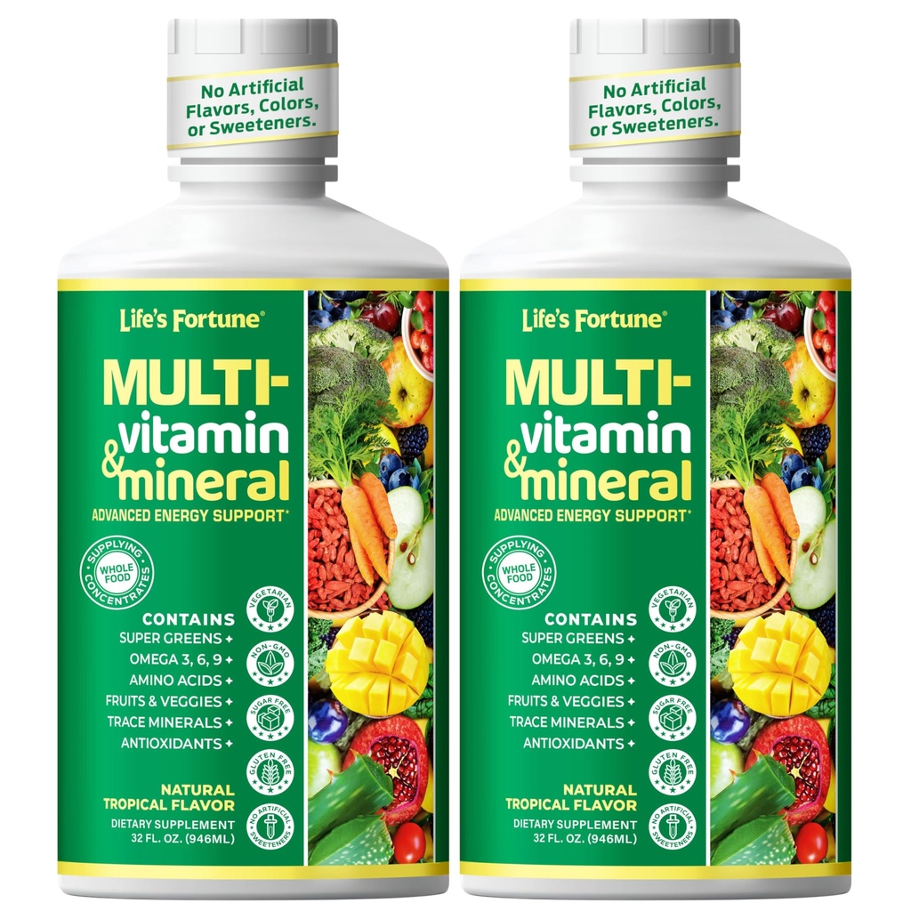 Life's Fortune Liquid Multivitamin for Adults Men & Women, Teens – High Absorption Daily Vitamins – Trace Minerals, Amino Acids, Biotin, L-Arginine, – Tropical Flavor, Sugar Free, 32 oz (Pack of 2)
