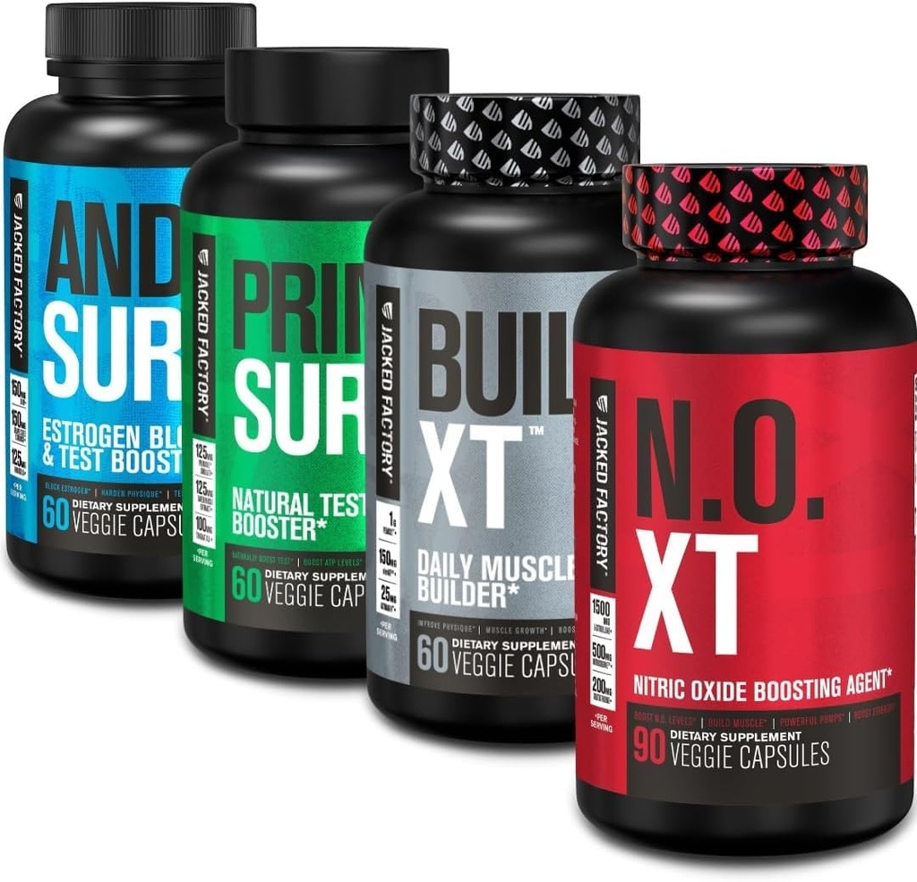 Jacked Factory Androsurge Estrogen Blocker for Men + Primasurge Testosterone Booster for Men + N.O. XT Nitric Oxide Booster + Build XT Muscle Builder