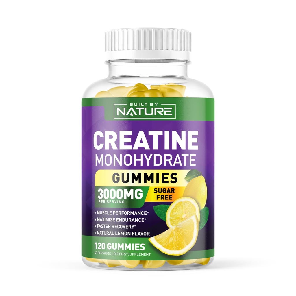 Built by Nature Sugar Free Creatine Monohydrate Gummy for Men & Women | Muscle Strength & Energy Boost, Pre Workout, Natural Lemon Flavor, 120 Gummies