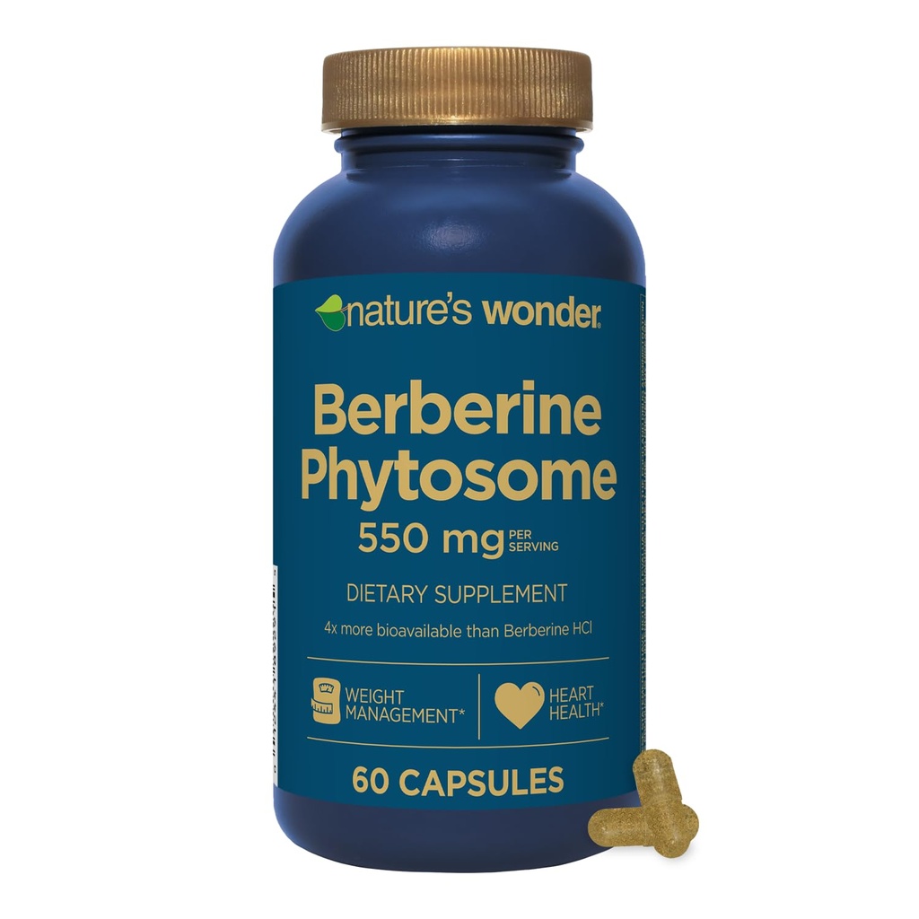 Nature's Wonder Berberine Phytosome 550 mg per 2 Capsules Daily 4X Bioavailable Berberine Supplement for Heart Health and Metabolic Health 60 Capsules, 30 Day Supply