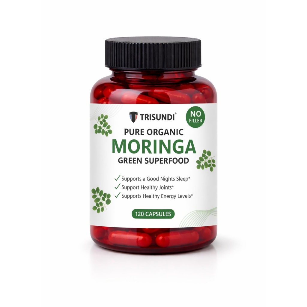 Trisundi® Organic Moringa Capsules 600mg -120 Vegan Capsules - Pure Moringa Leaf Powder - Plant Based Green Superfood Supplement - Non-GMO, Gluten Free