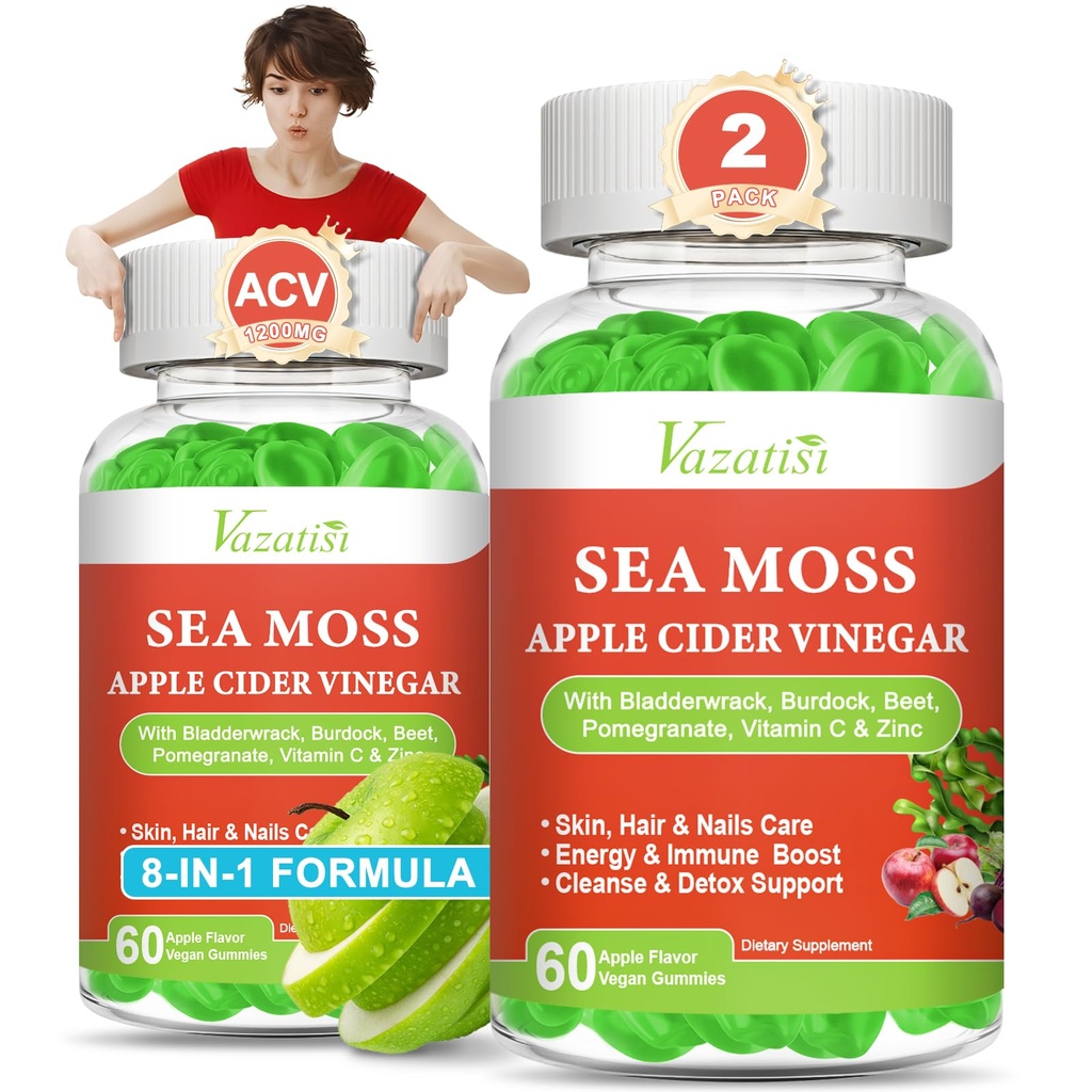 2 Pack Apple Cider Vinegar Gummys, ACV 带有 Sea Moss Gummys 用于代谢, 文摘, Detox, Gut & Immune 健康, 苹果 Flavored - 120 计数