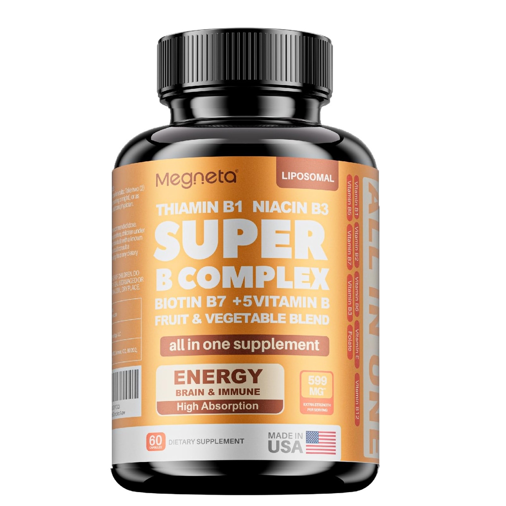 Vitamin B Complex for Men & Women - Fruit & Vegetable Blend B-Complex: B1, B2, B3, B5, B6, B7, B12 with Vitamin E, Folate - Energy, Brain & Heart Support Supplement, 60 Capsules