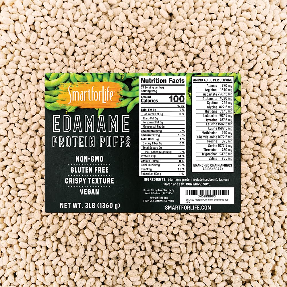 Smart for Life Soy Protein Puffs from Edamame - 高蛋白零糖蛋白 隔热糖蛋白 Puffs - 20 Grams 蛋白质 Snacks - 非GMO, Gluten - Free - 3 磅盒 - 53 services - Soy Puffs...