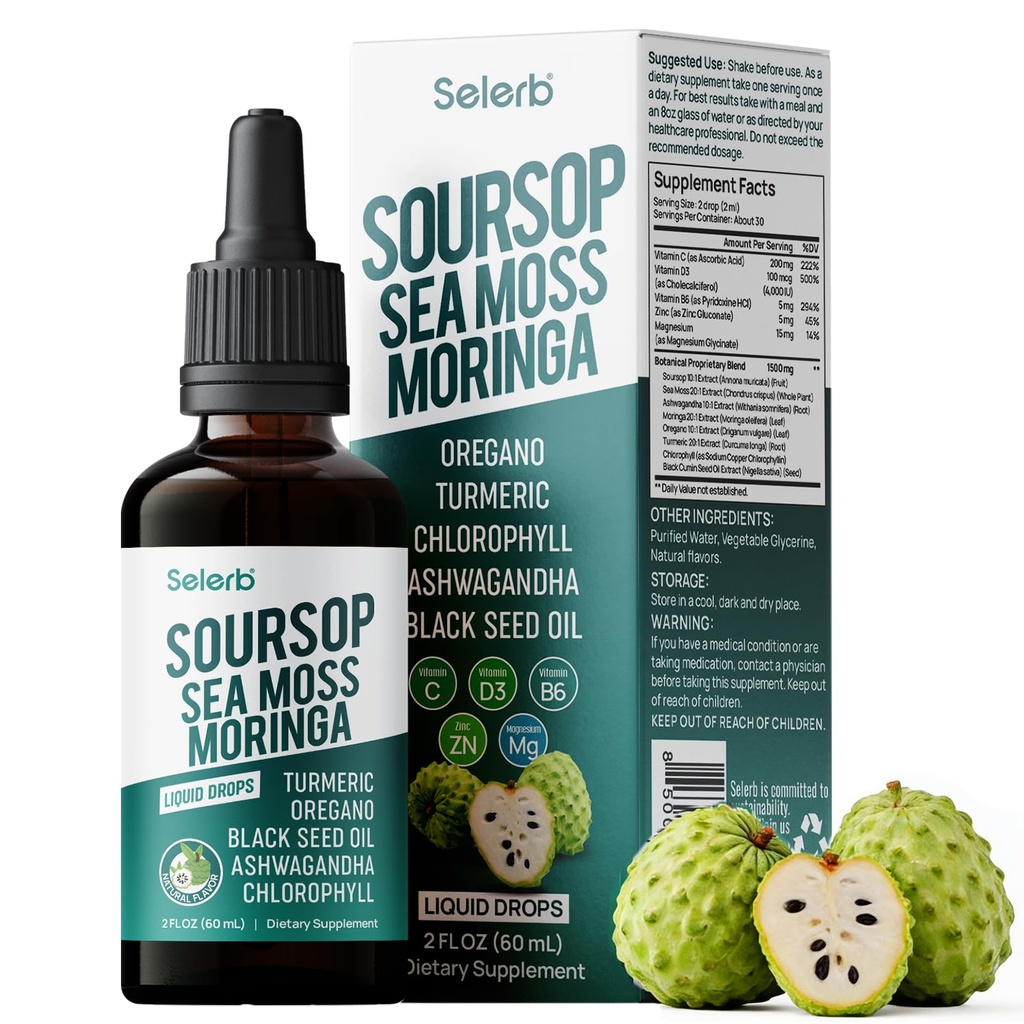 Soursop Bitters Liquid Soursop Drops with Sea Moss, Moringa, Turmeric, Black Seed Oil, Oregano, Ashwagandha & Chlorophyll High Absorption for Gut & Digestive Health, Immune & Antioxidant | 2 Fl Oz
