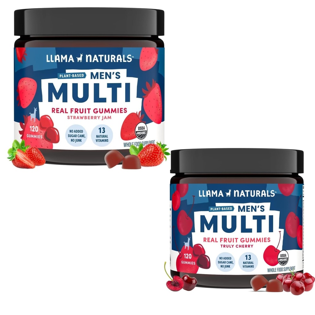 Llama Naturals Multivitamin for Men Vegan, Organic Gummies with Vitamin D, C and K, Men's Real Fruit Gummy Vitamins, Cherry and Strawberry, 120 Ct