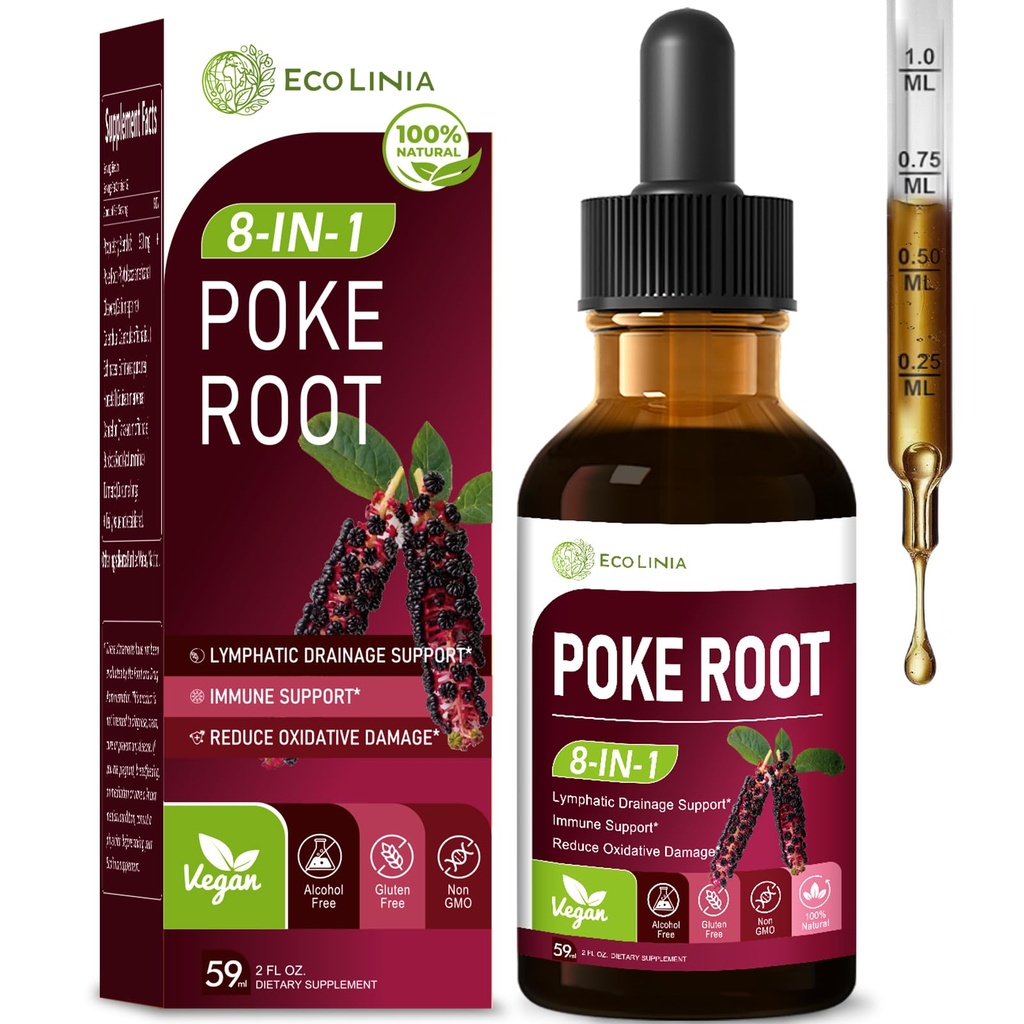 Poke Root Lymphatic Drainage Drops. 8-in-1 Herbal Complex Lymphatic Cleanse Supplements w/Cleavers, Echinacea & Horsetail Herb Extract Blend. Supports Lymph System & Immunity. Non-GMO. 2 oz
