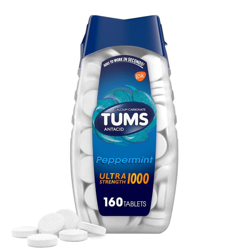 TUMS 超强乳酸石板用于心脏烧伤救济,辣椒薄荷 - 160个计数